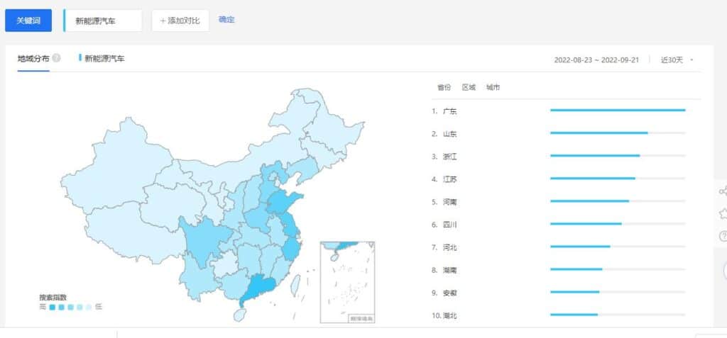 China Keyword Research Tools - Baidu Index - Interests by Region of Electric Cars - 1